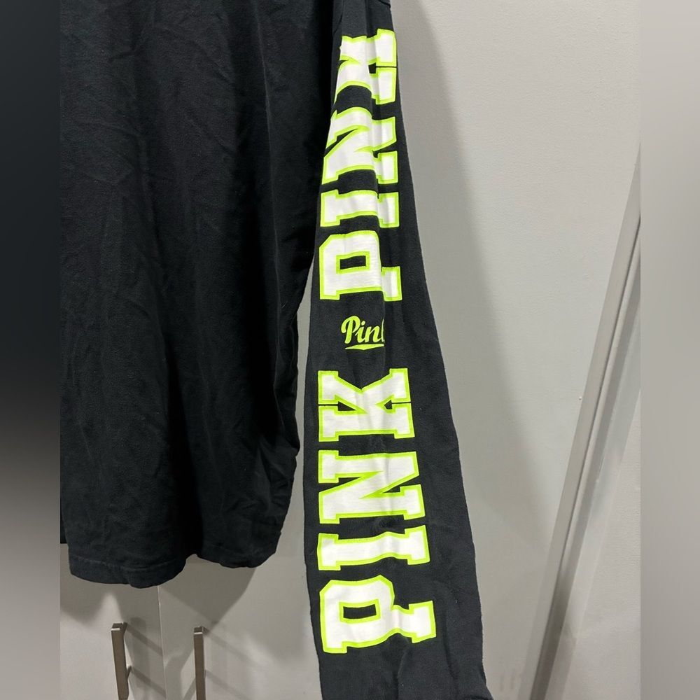 VS PINK Black Long Sleeve Pocket Tee | Medium | Neon Green Logo